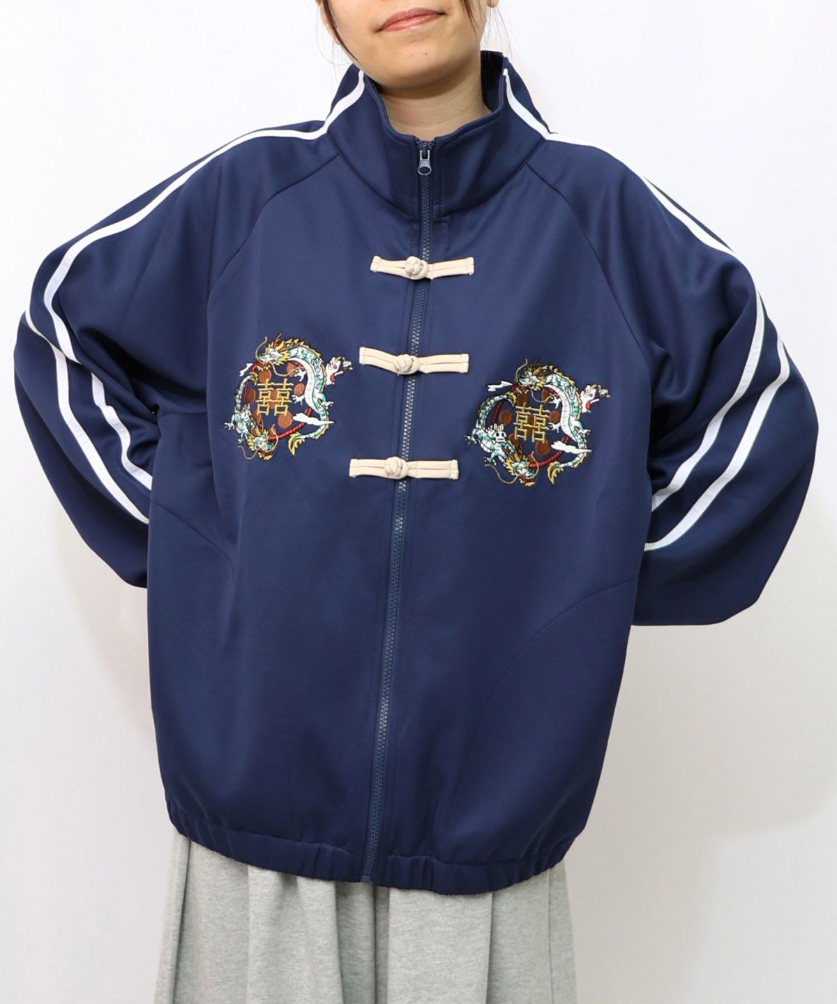 ウサギと龍刺繍 カンフーボタンジャージ-12