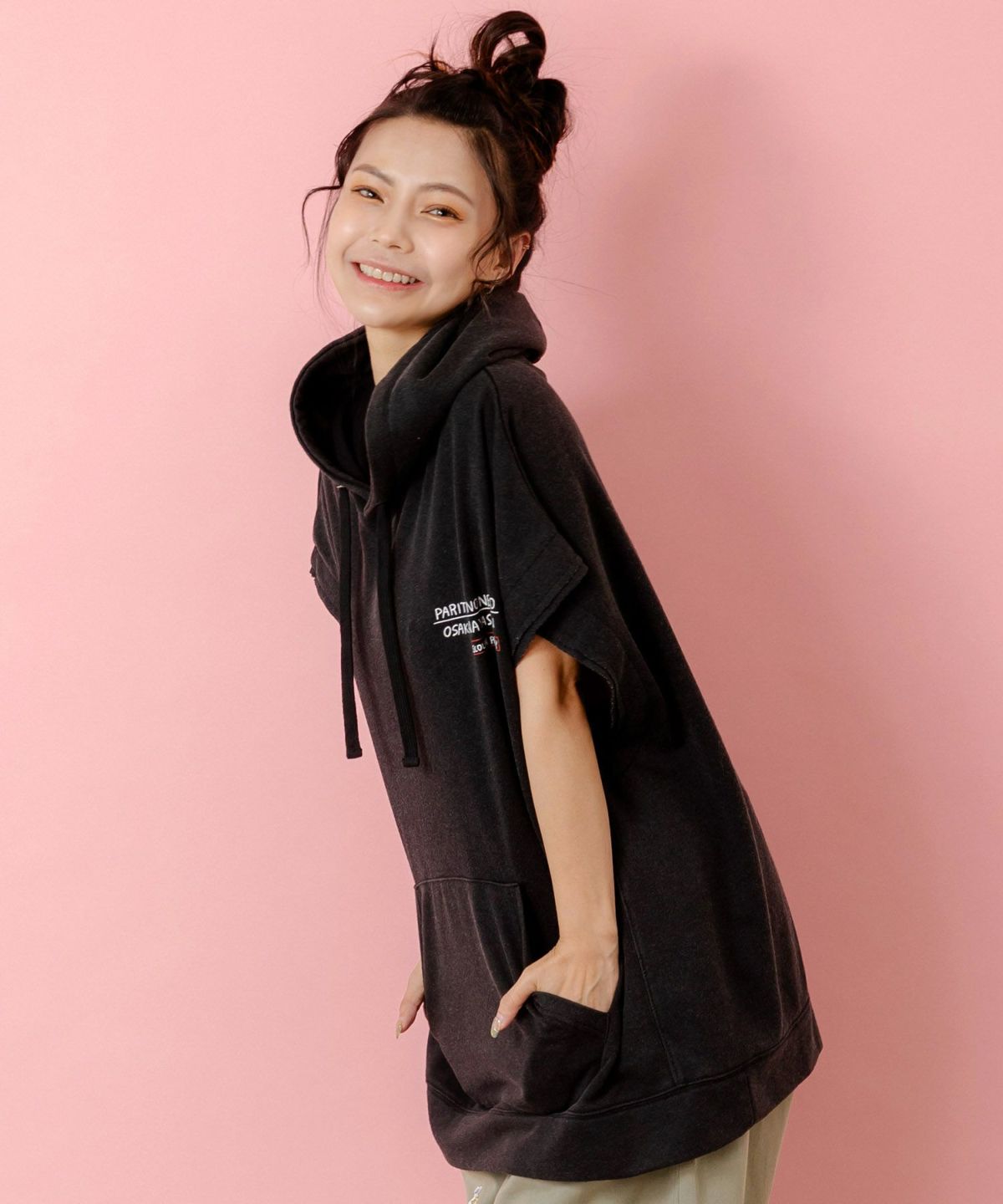 魚屋さんとネコ柄 ケミカル加工ノースリーブパーカー-4