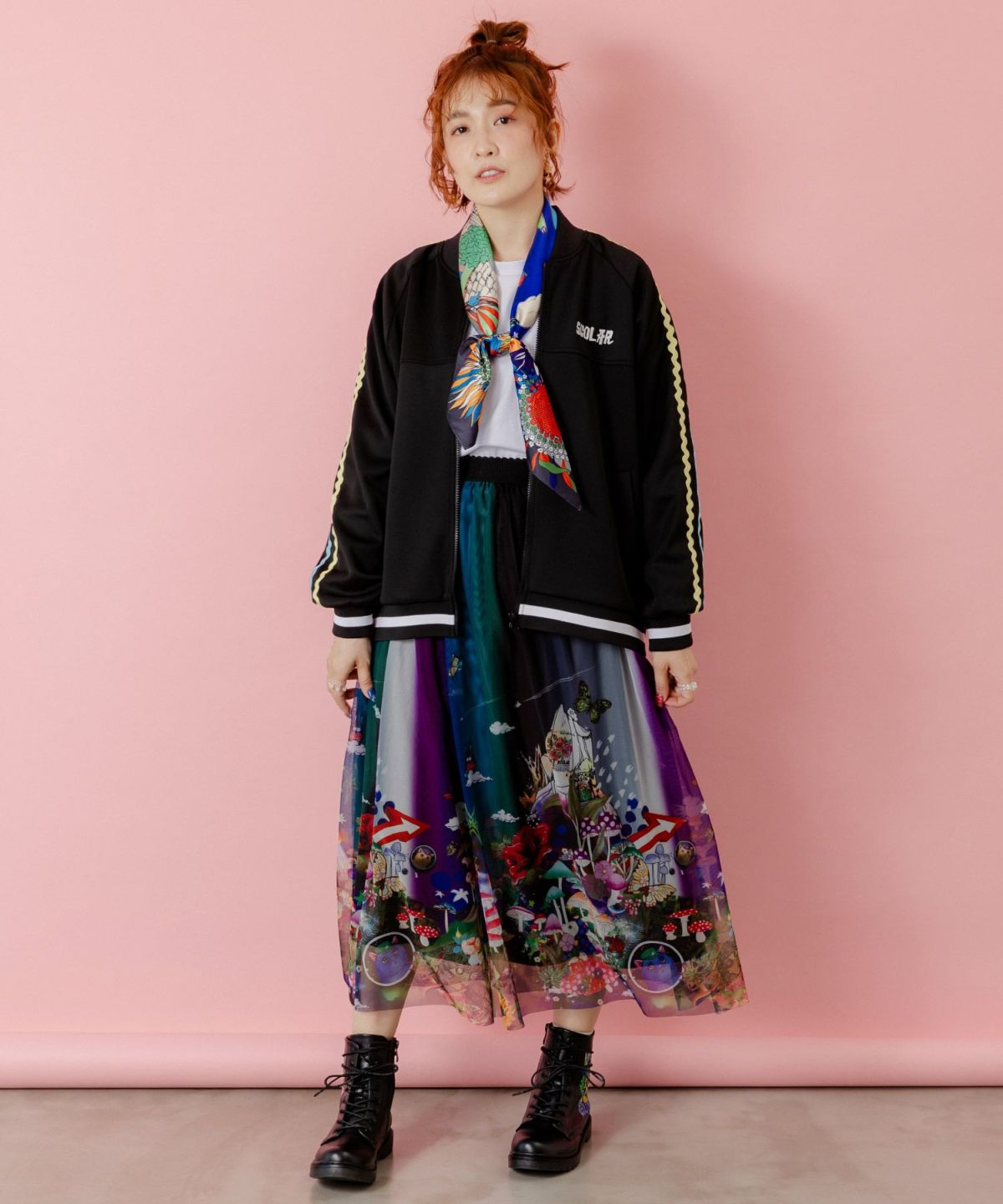 花とスカラー刺繍 ジャージブルゾン-2