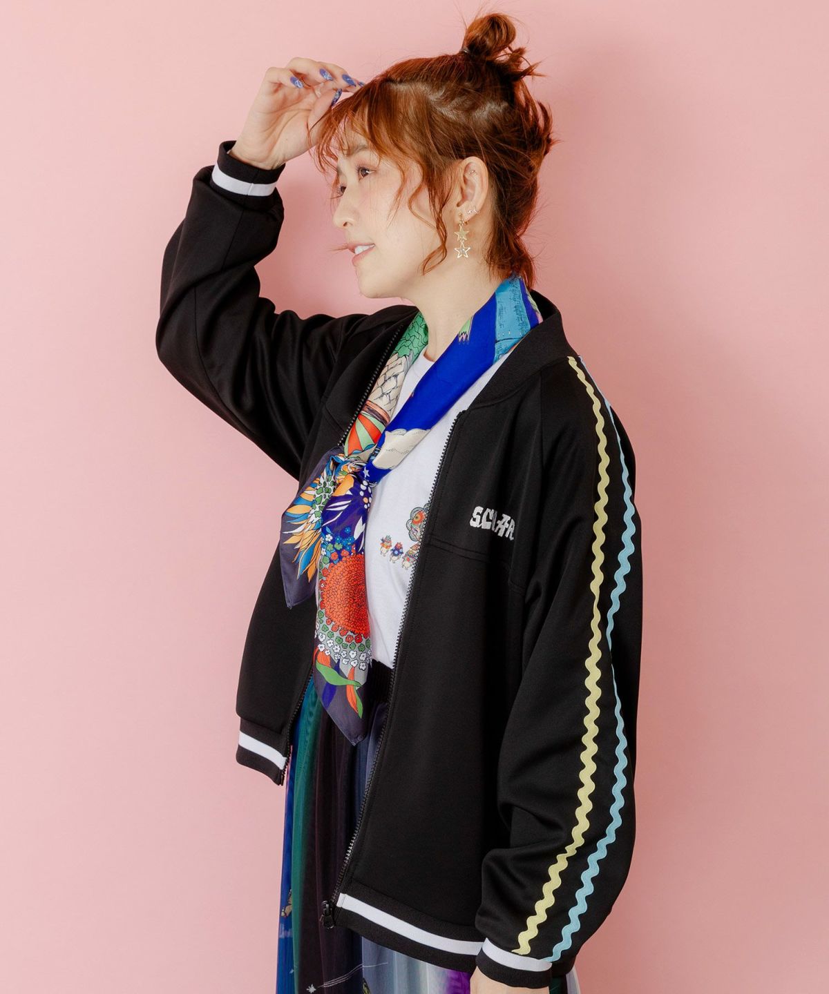 花とスカラー刺繍 ジャージブルゾン-3