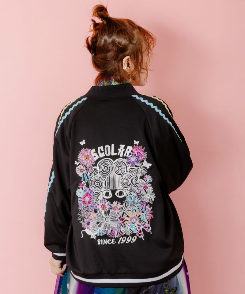 花とスカラー刺繍 ジャージブルゾン-4