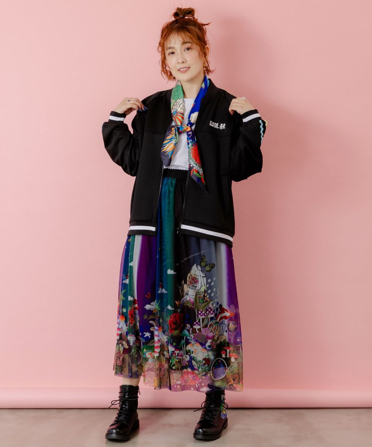 花とスカラー刺繍 ジャージブルゾン-7