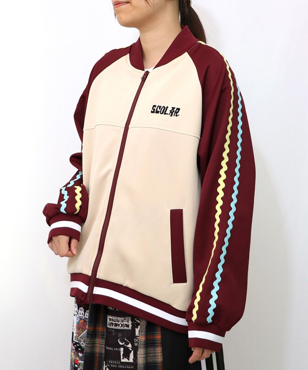 花とスカラー刺繍 ジャージブルゾン-9