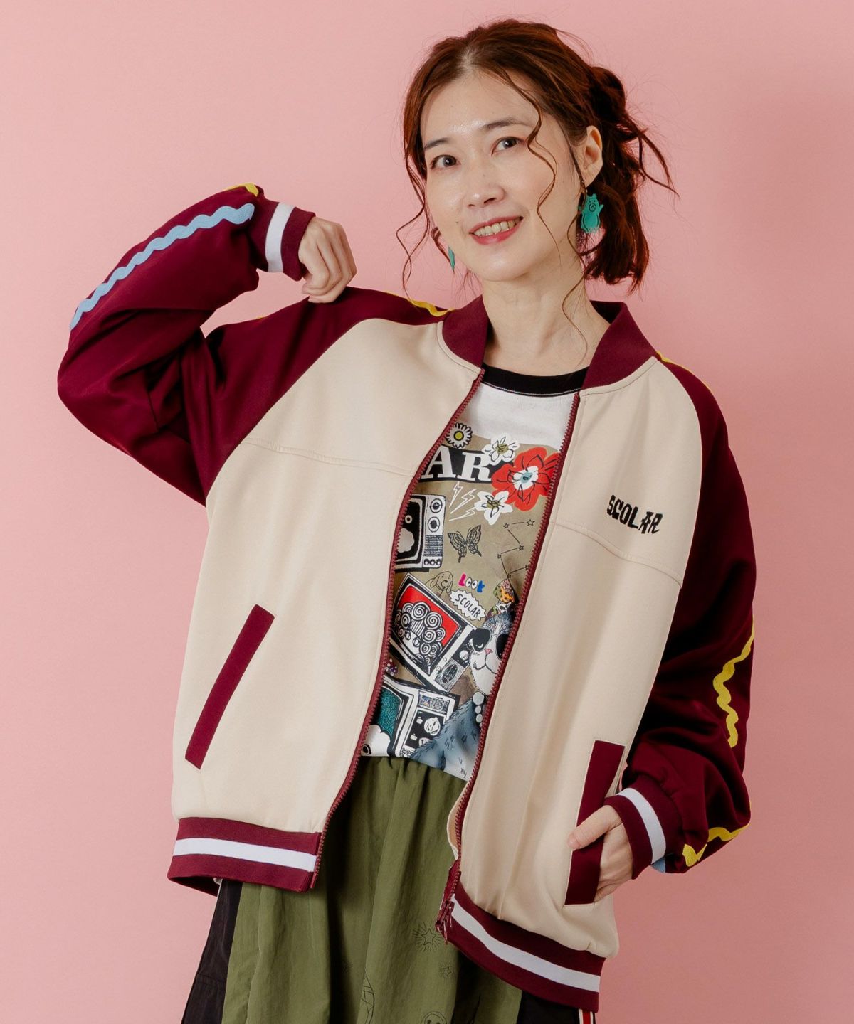 花とスカラー刺繍 ジャージブルゾン-20