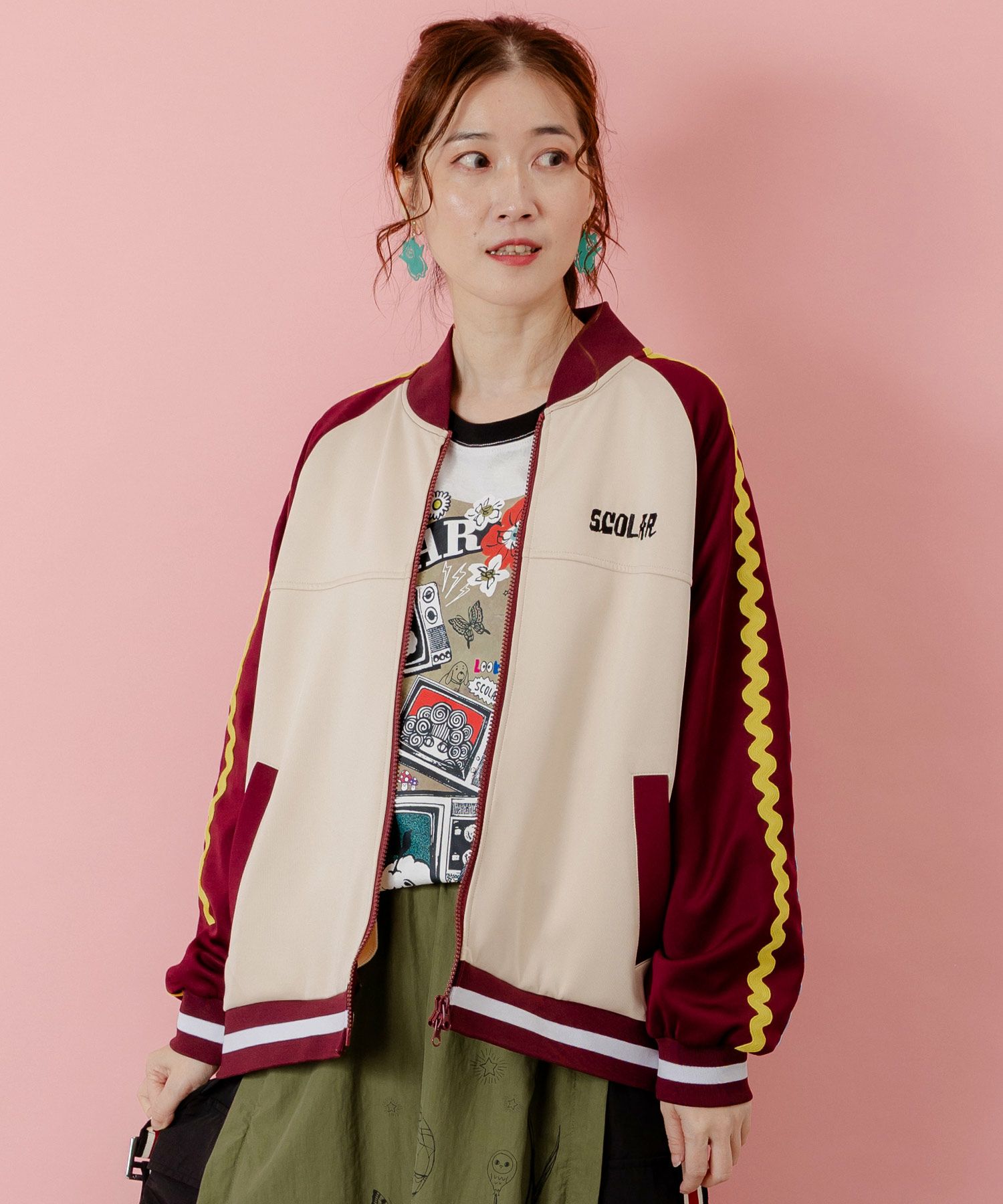 花とスカラー刺繍 ジャージブルゾン-22