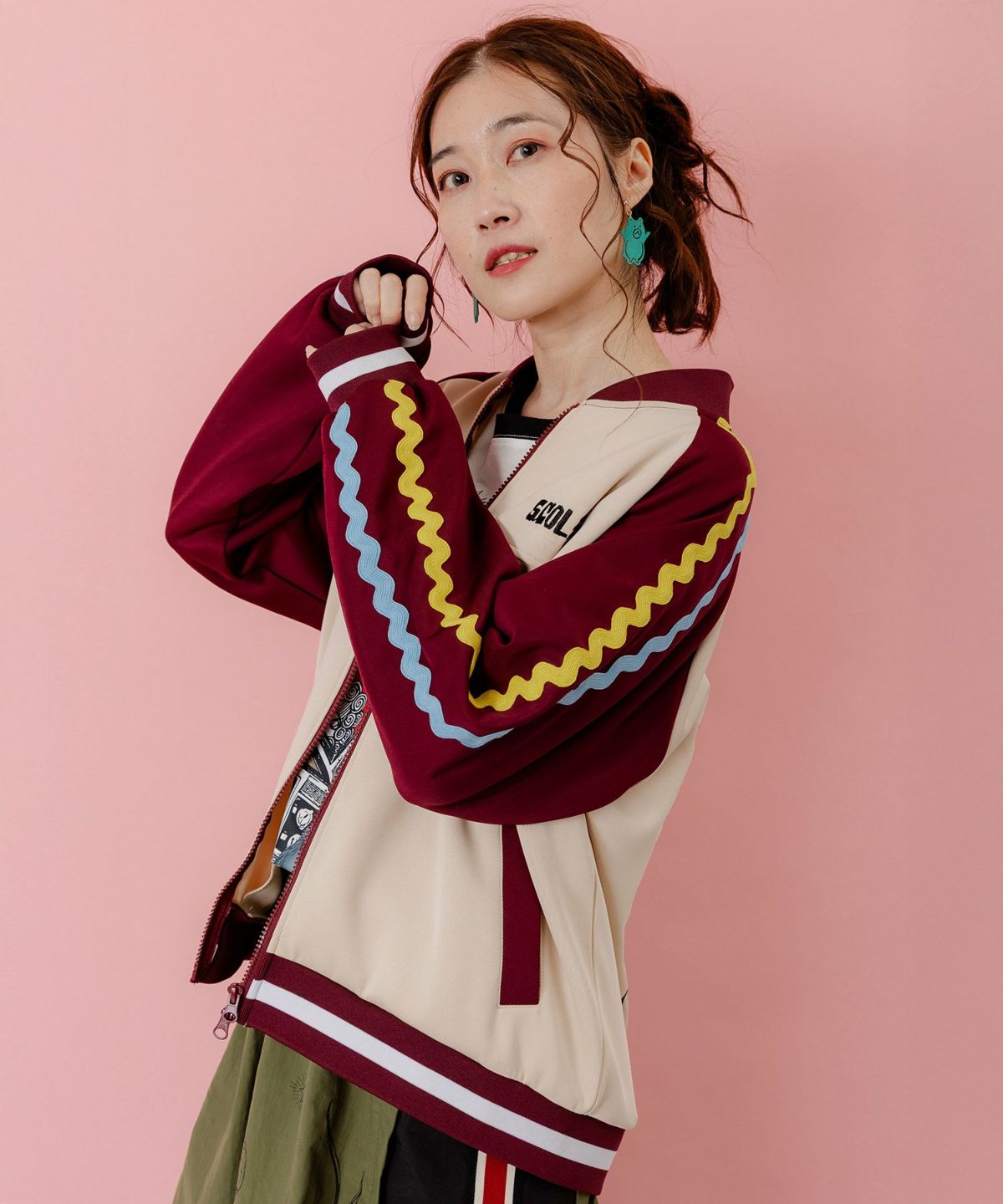 花とスカラー刺繍 ジャージブルゾン-23