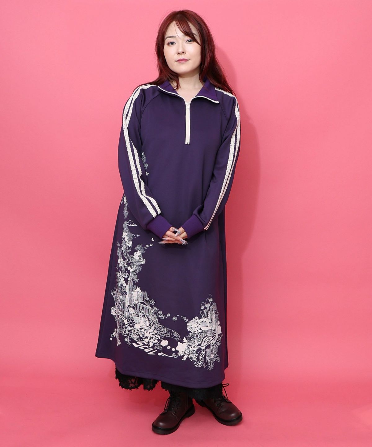 風景柄ハーフジップジャージワンピース-1