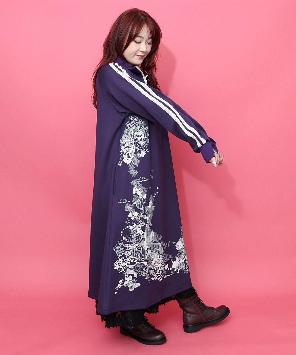 風景柄ハーフジップジャージワンピース-4