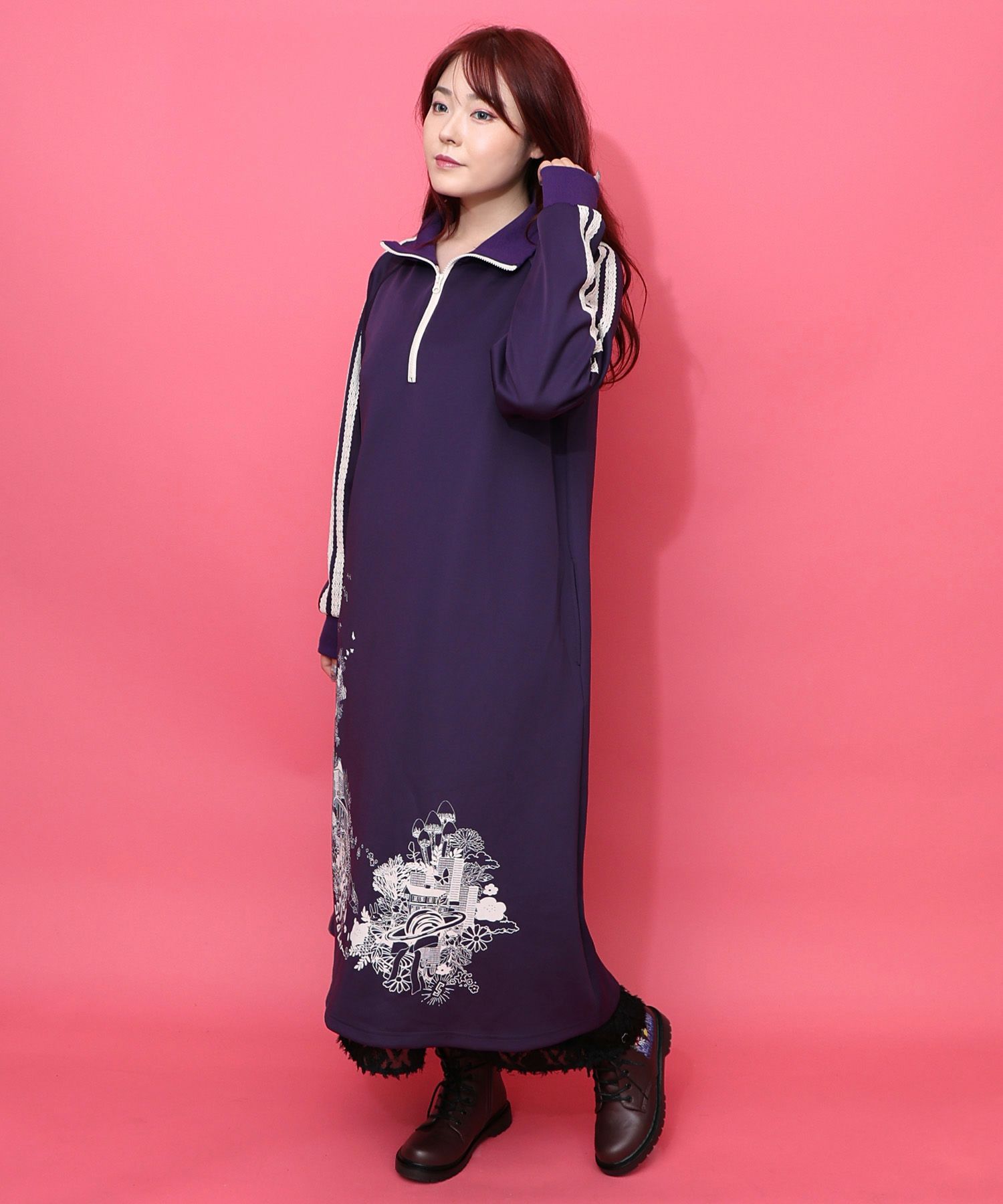 風景柄ハーフジップジャージワンピース-6