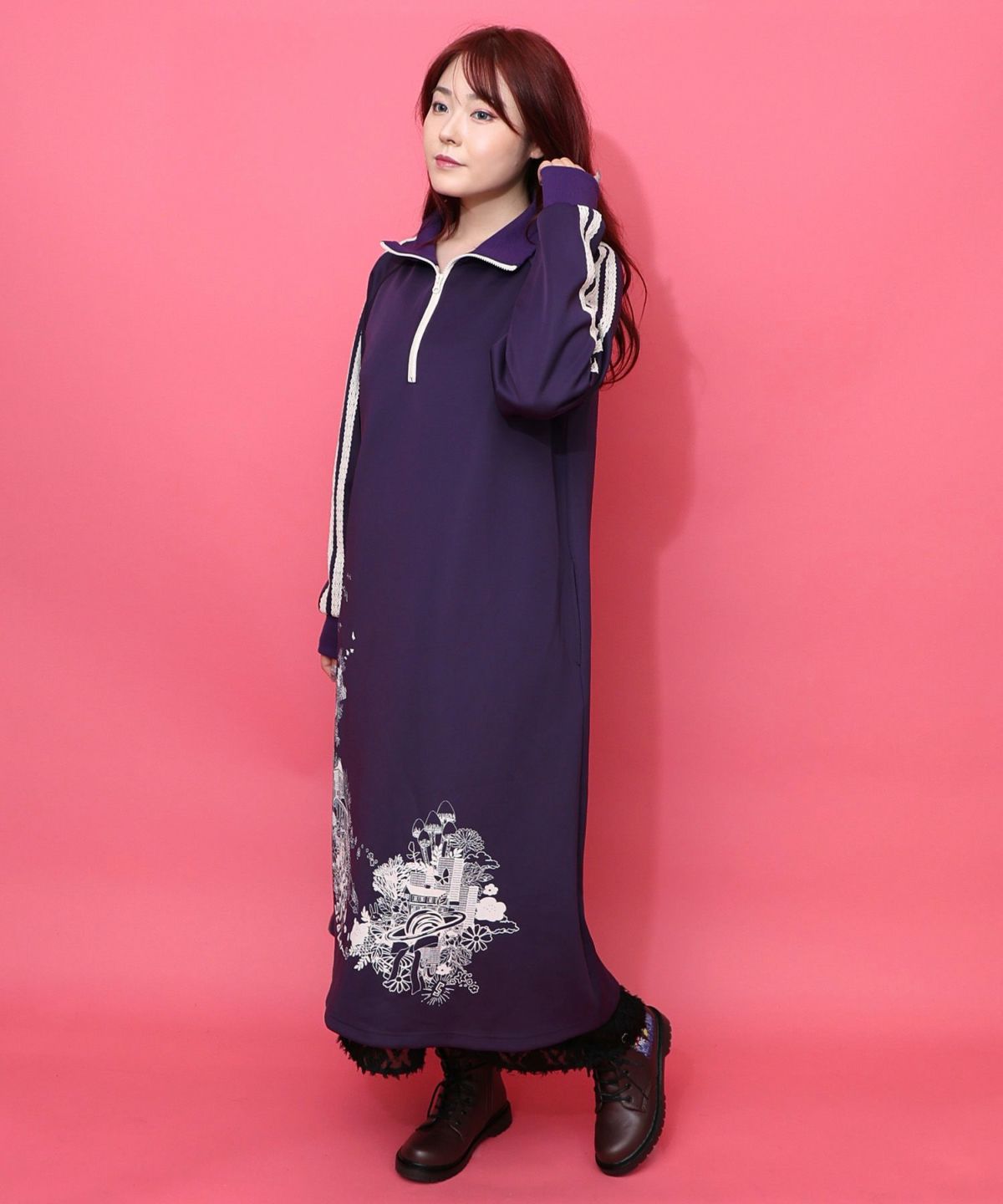 風景柄ハーフジップジャージワンピース-6