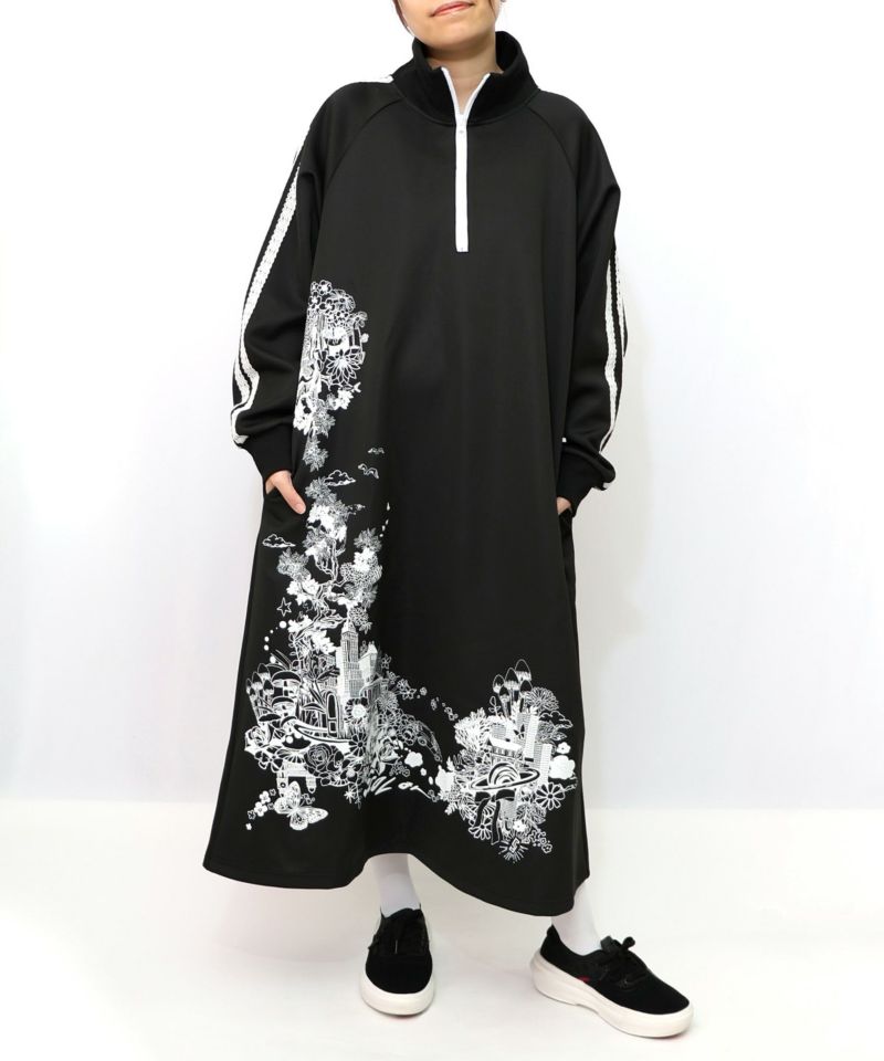 風景柄ハーフジップジャージワンピース-9