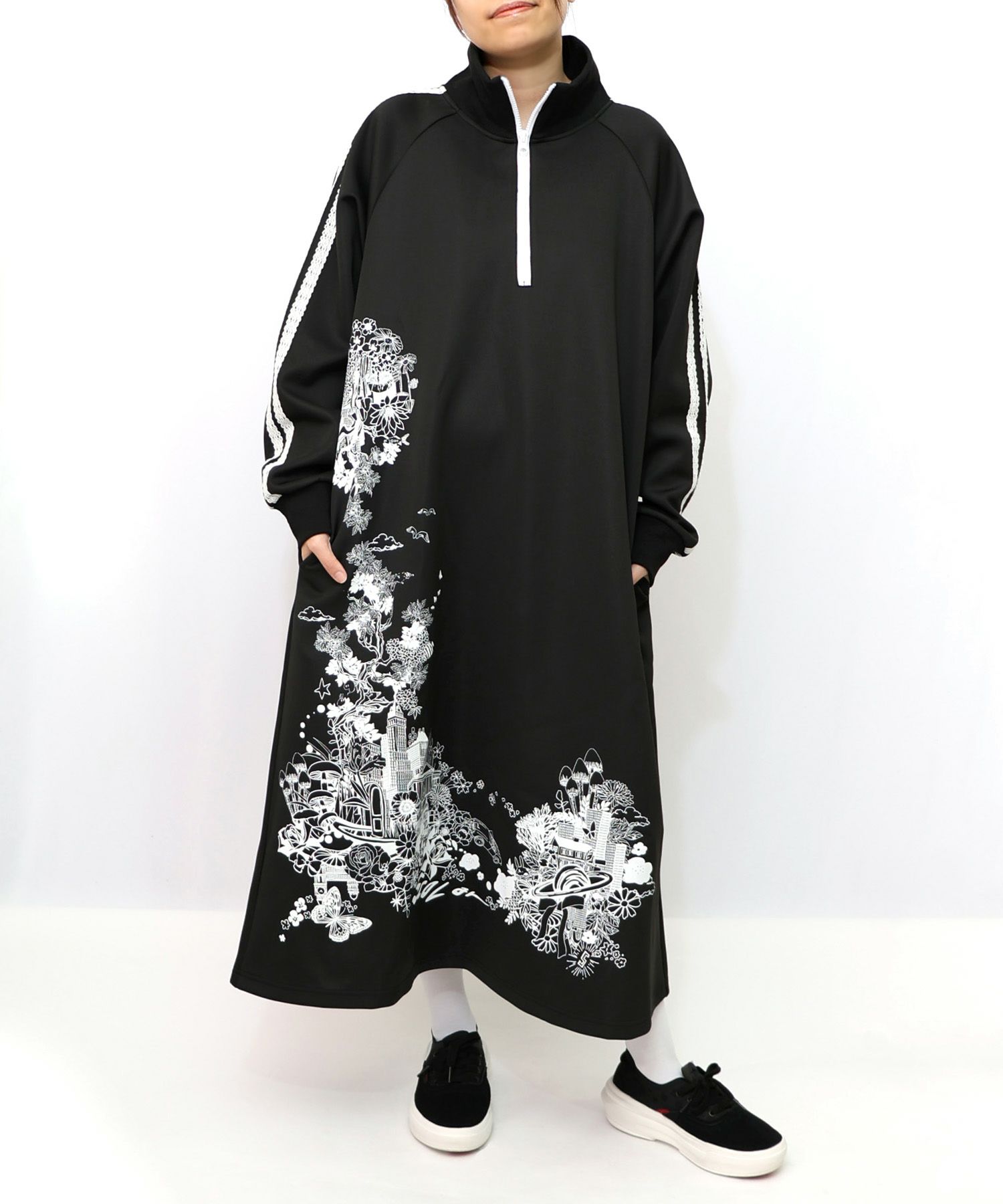 風景柄ハーフジップジャージワンピース-9