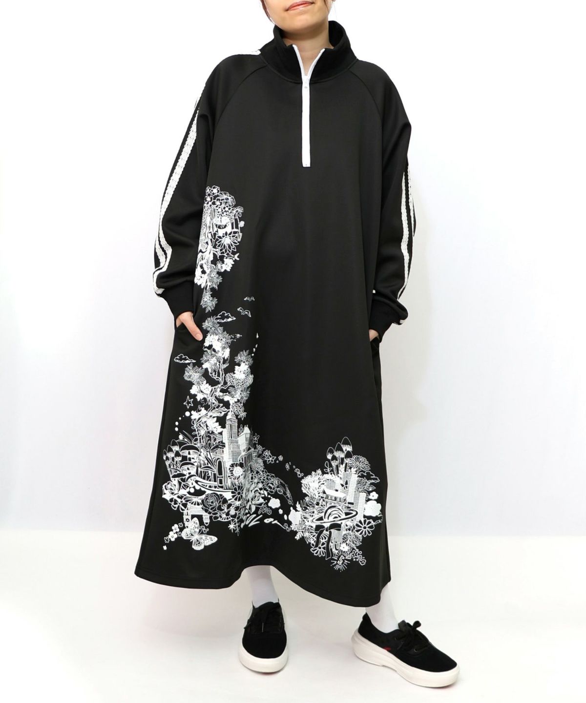 風景柄ハーフジップジャージワンピース-9