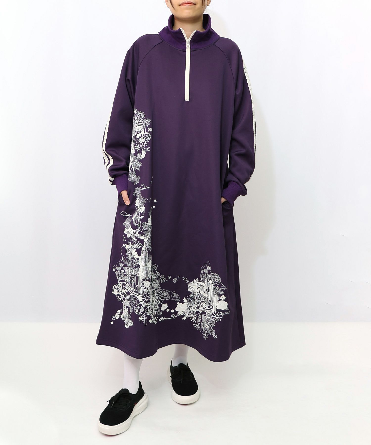 風景柄ハーフジップジャージワンピース-13