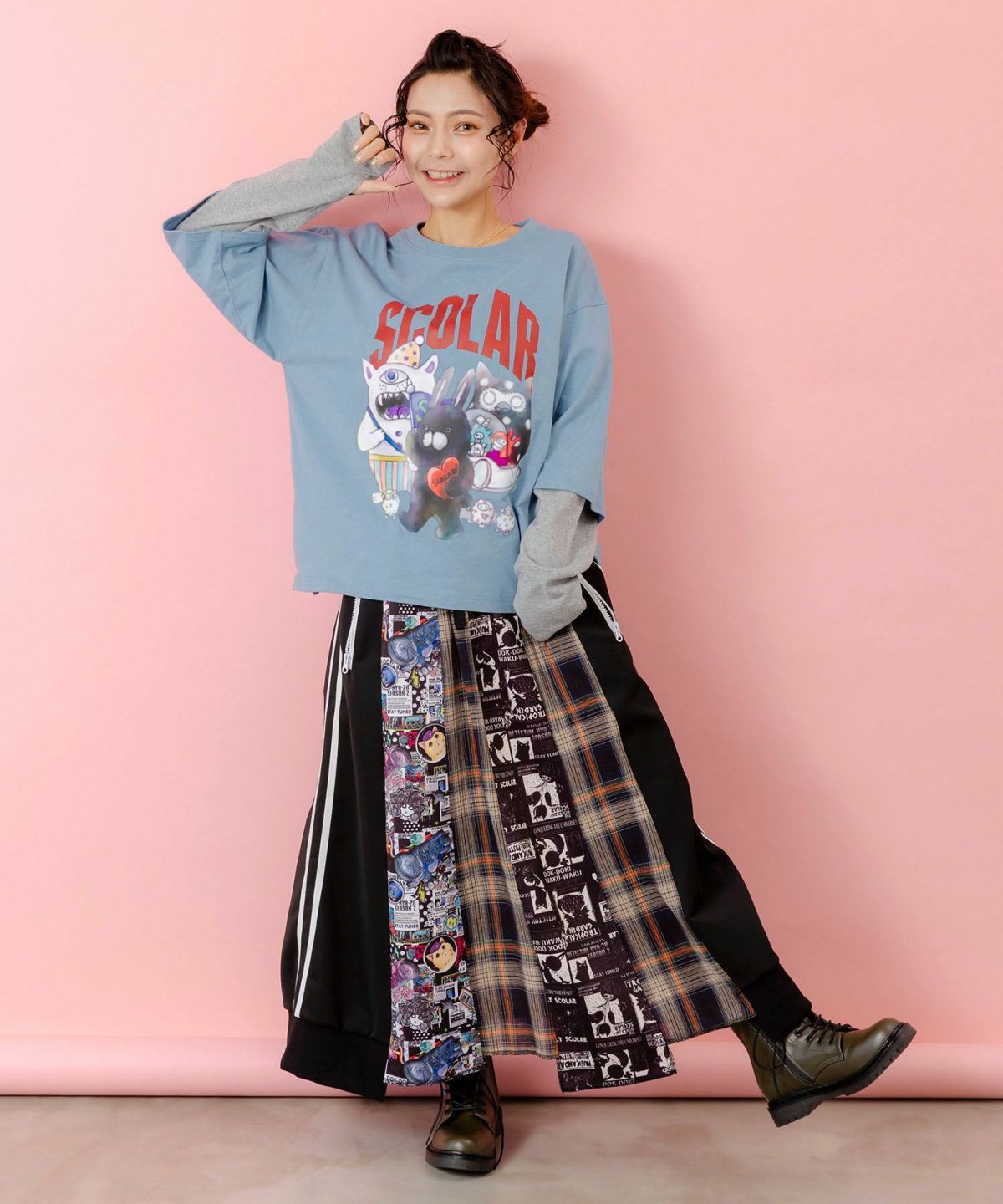 異素材切替パッチワークスカート-2