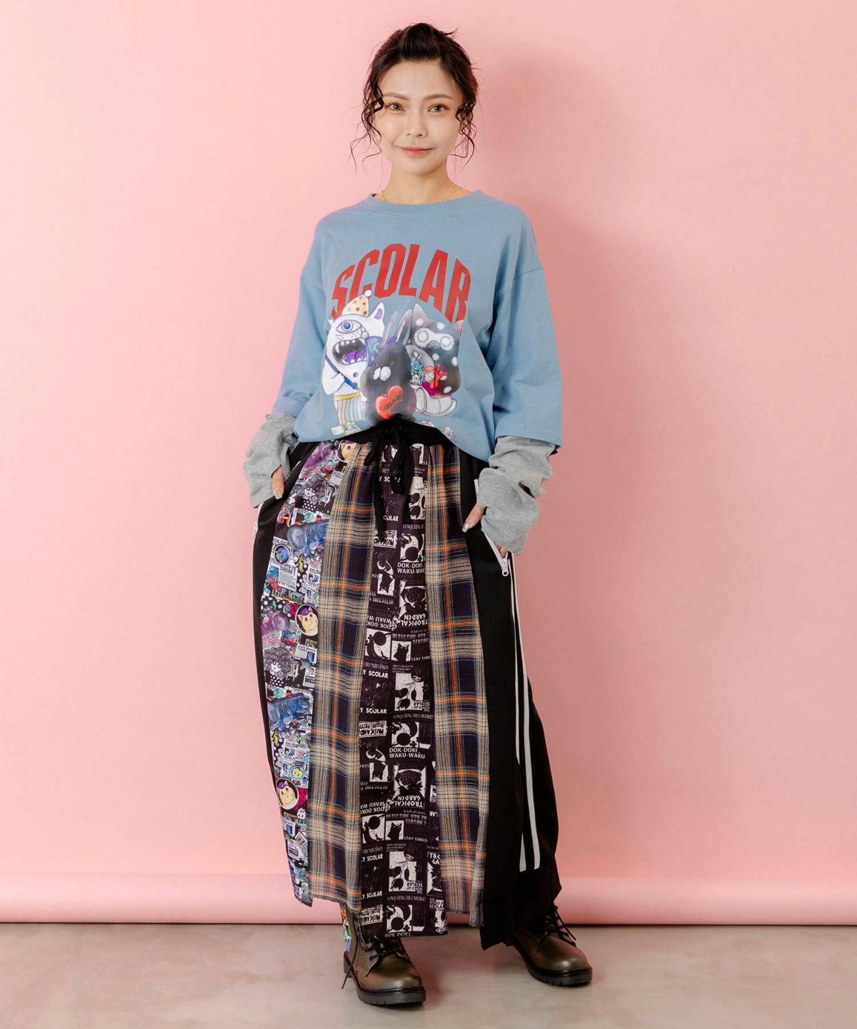 異素材切替パッチワークスカート-3