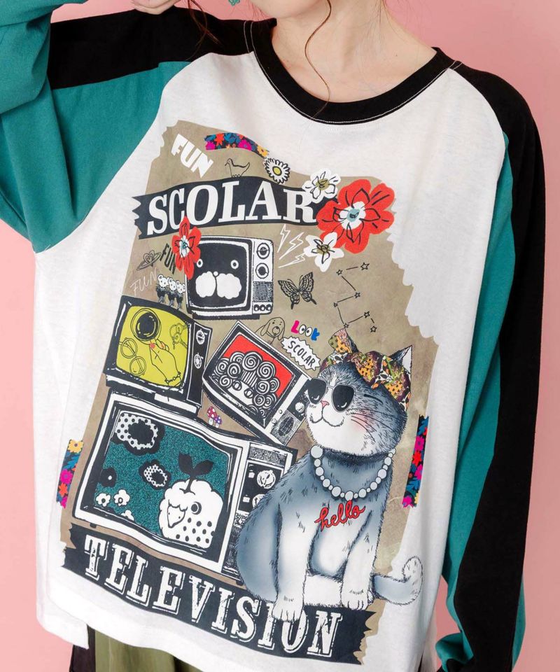 ネコとテレビ柄ロンT-6