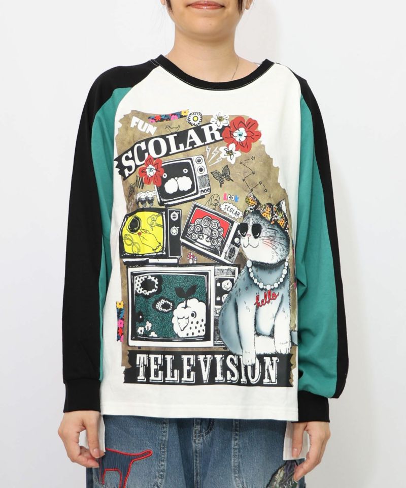 ネコとテレビ柄ロンT-8