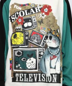 ネコとテレビ柄ロンT-11