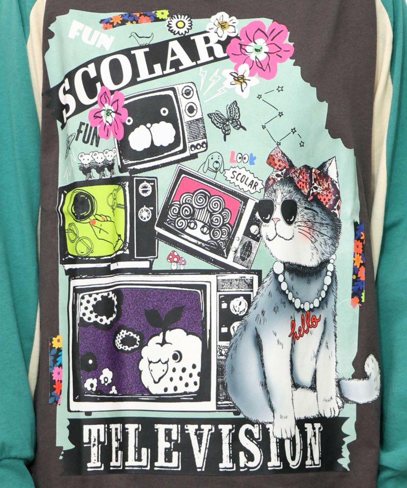 ネコとテレビ柄ロンT-16