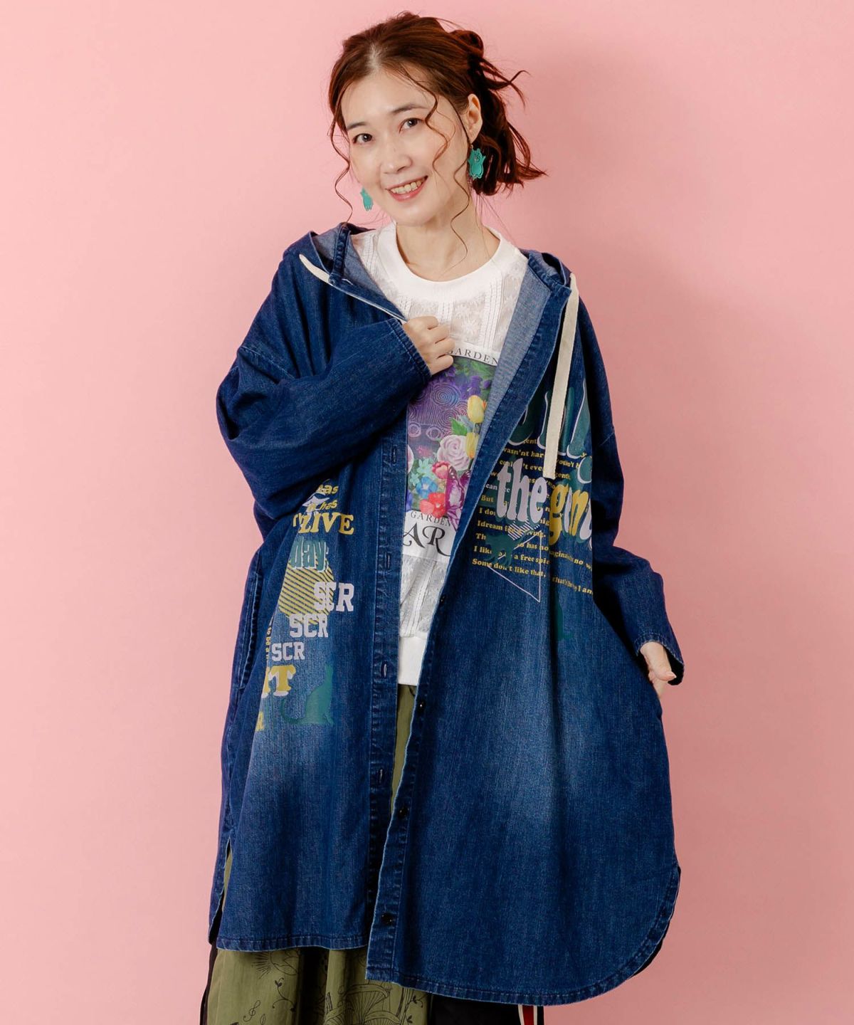 スカラーグラフィック柄デニムコート-1