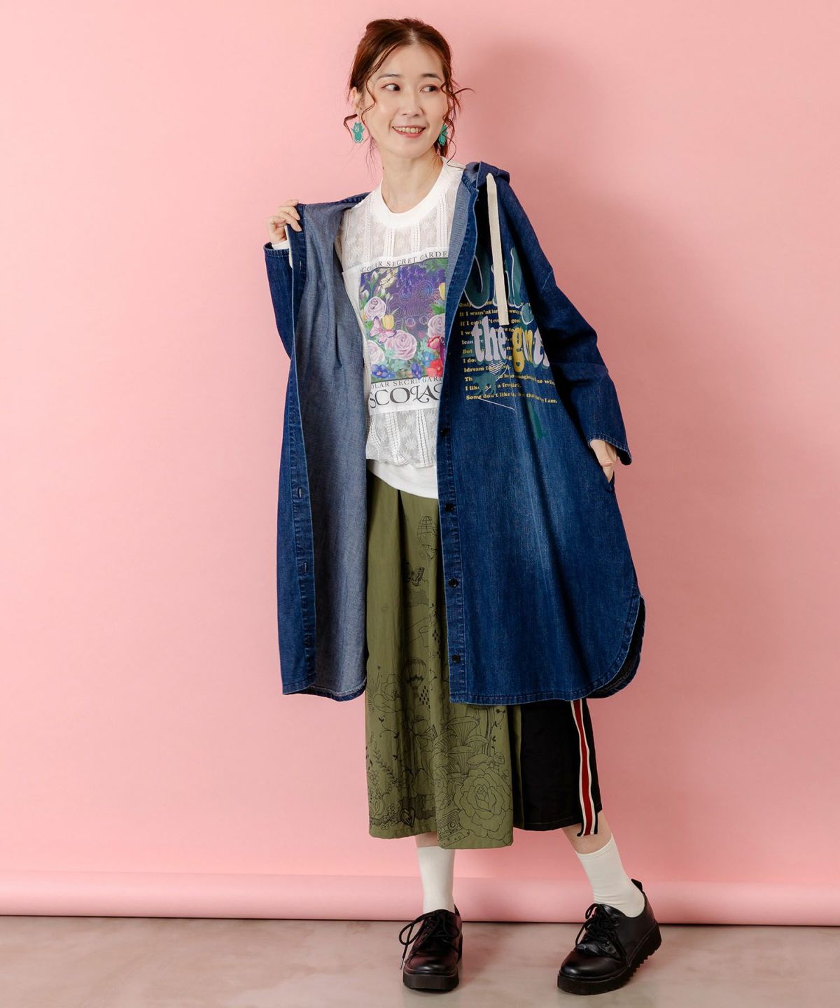 スカラーグラフィック柄デニムコート-2