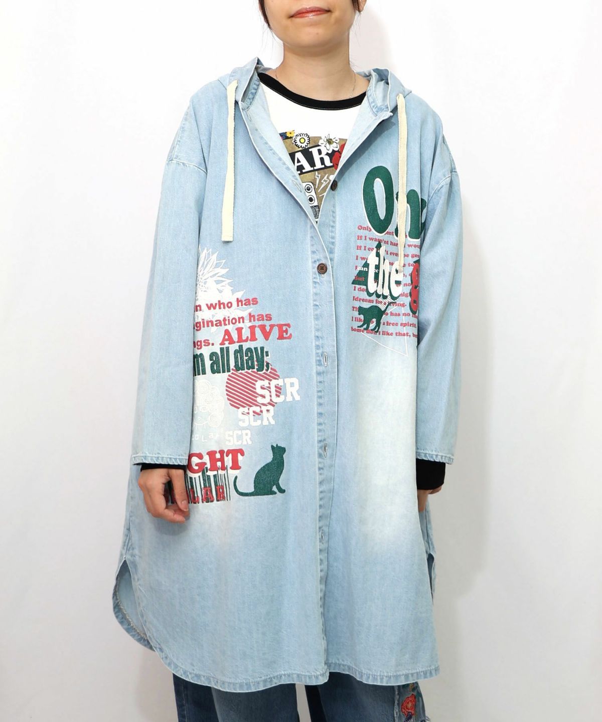 スカラーグラフィック柄デニムコート-9