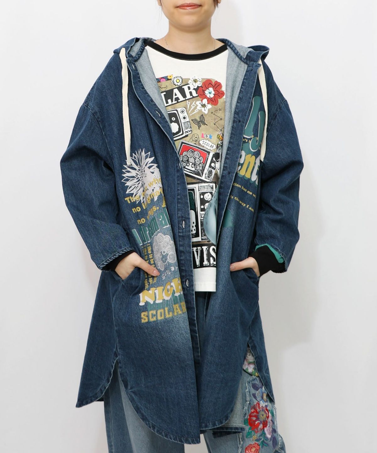 スカラーグラフィック柄デニムコート-13