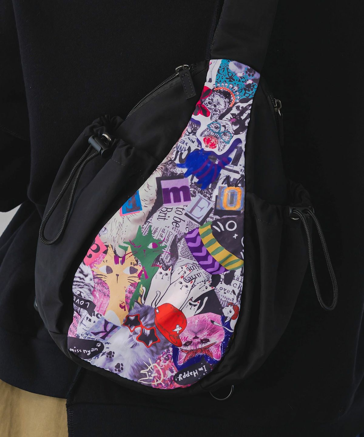 POP柄切替シワ加工 Wボトルポケットバッグ-3