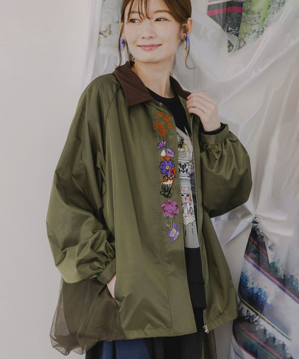 キツネと花刺繍 チュール重ねブルゾン-1