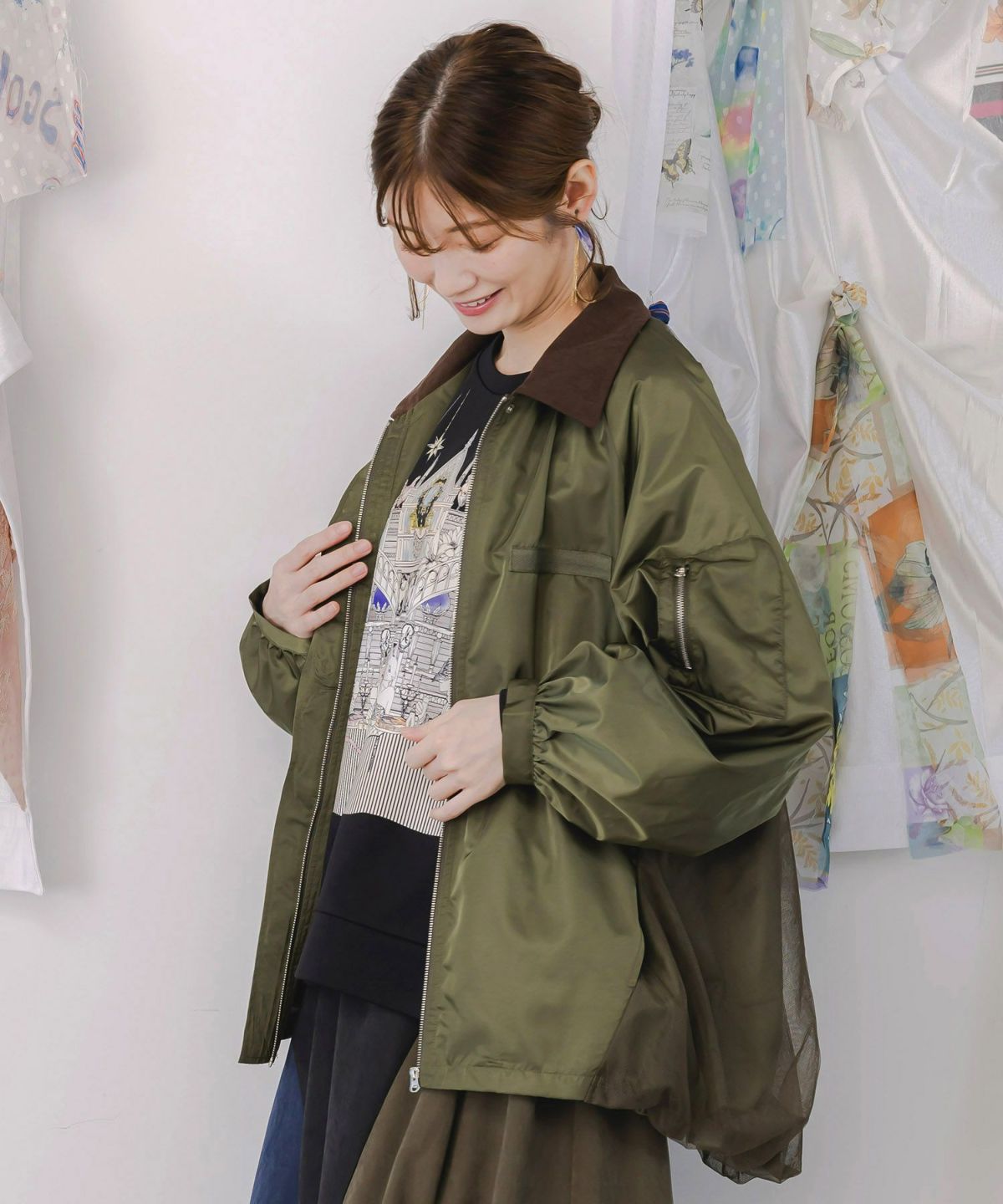 キツネと花刺繍 チュール重ねブルゾン-4