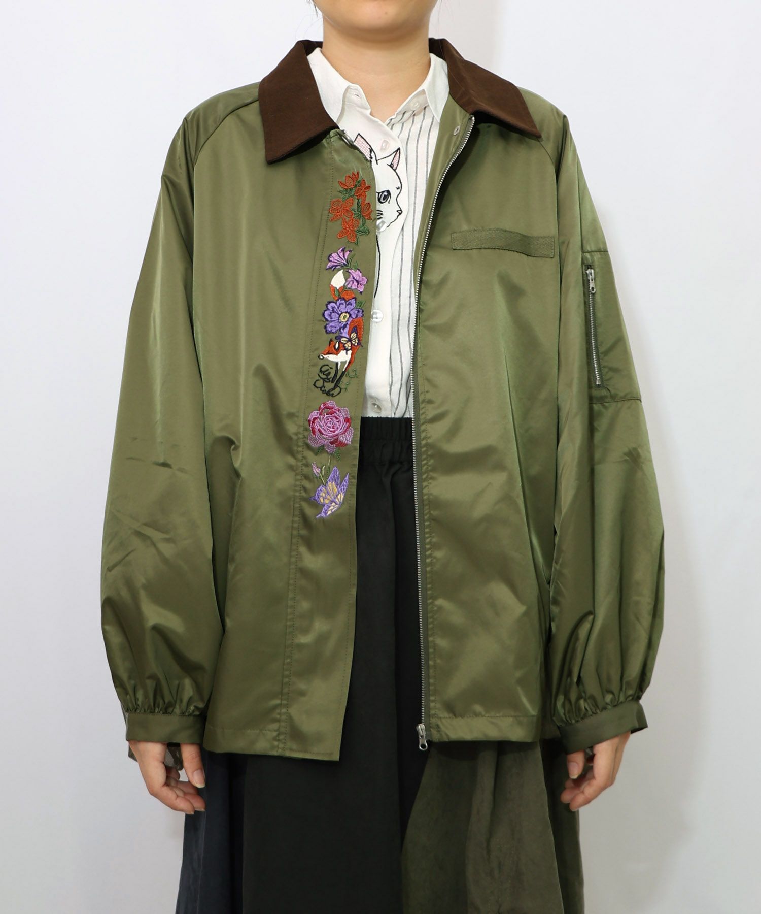 キツネと花刺繍 チュール重ねブルゾン-12