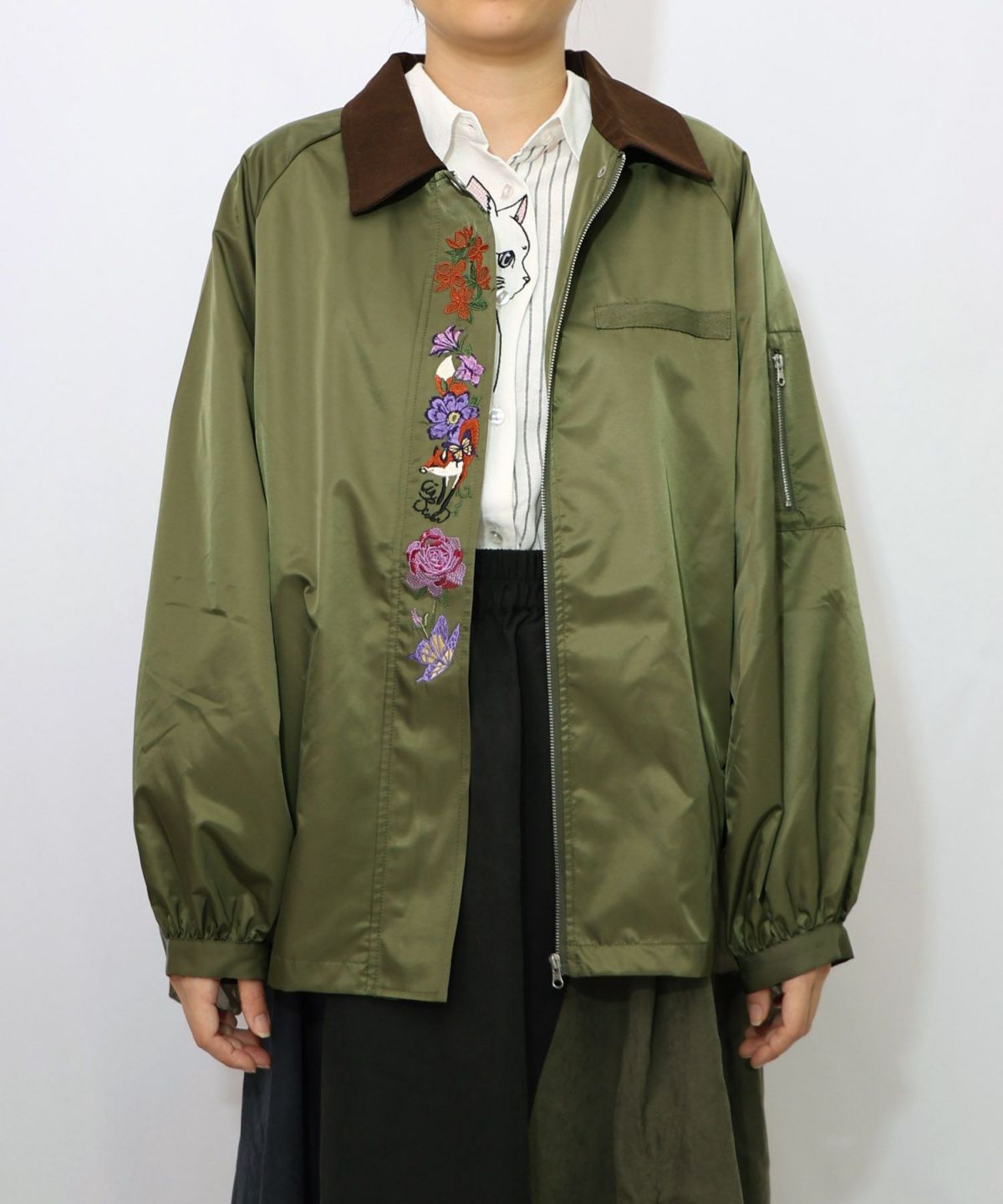 キツネと花刺繍 チュール重ねブルゾン-12