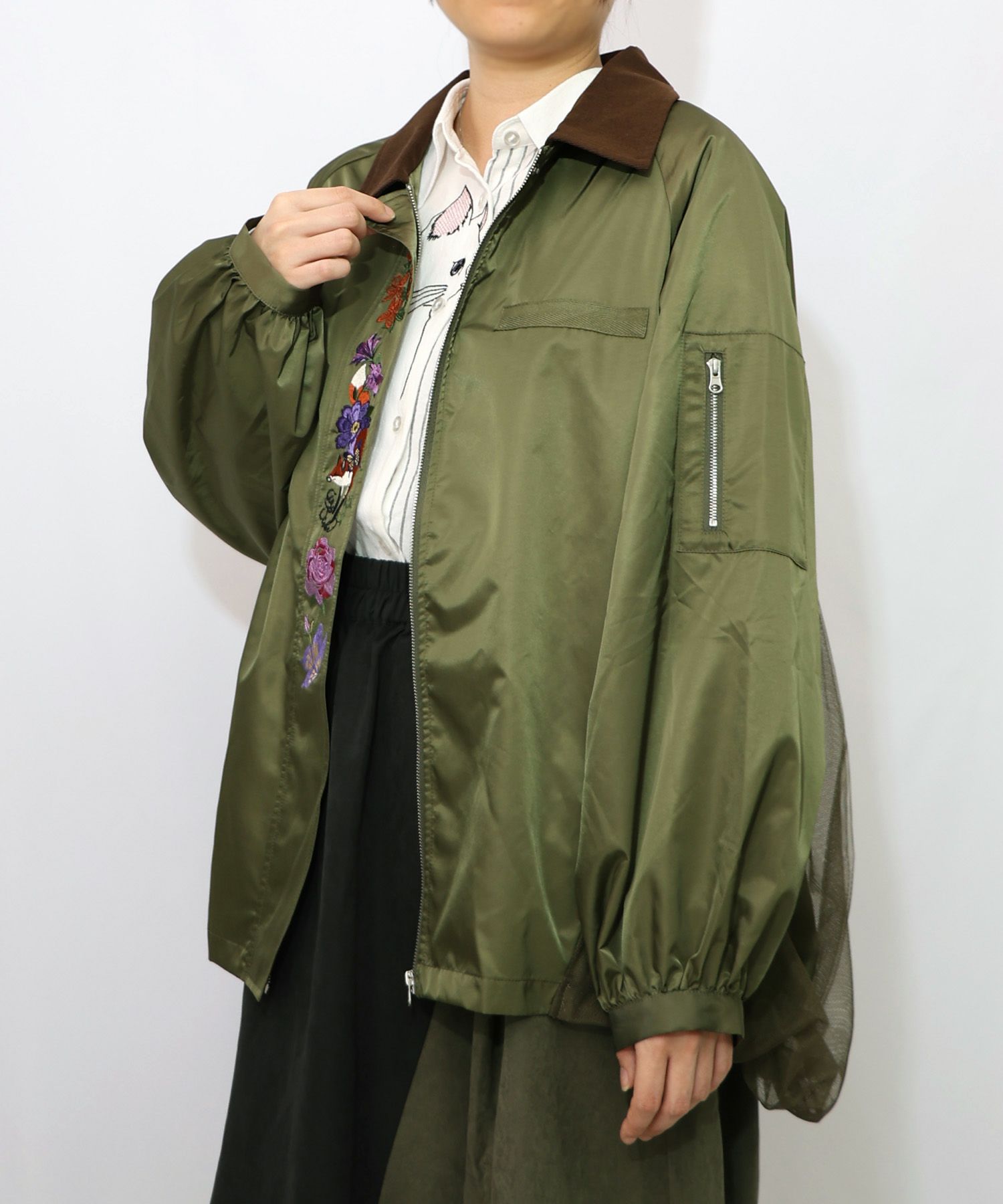 キツネと花刺繍 チュール重ねブルゾン-13