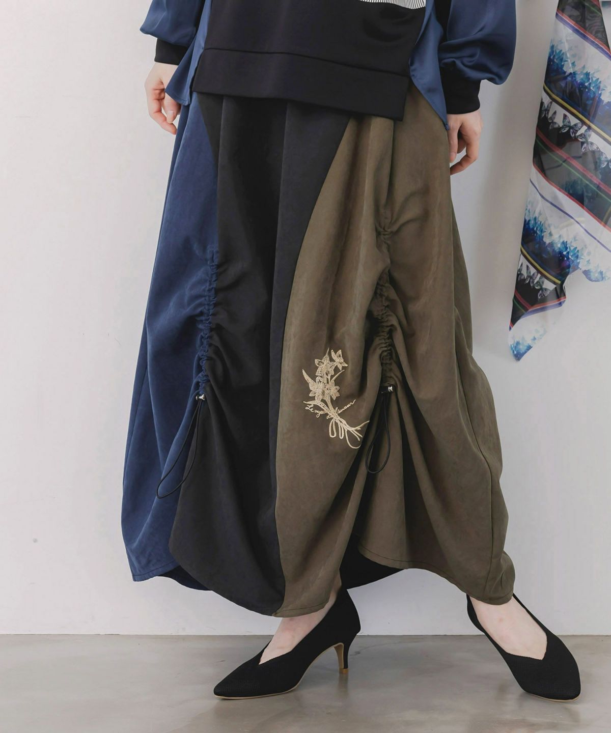 花刺繍バイカラー切替 ドロストスカート-1
