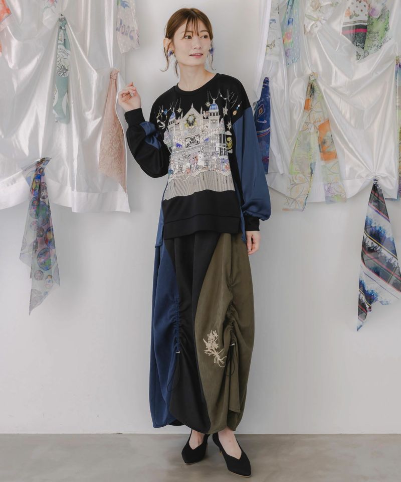 花刺繍バイカラー切替 ドロストスカート-2