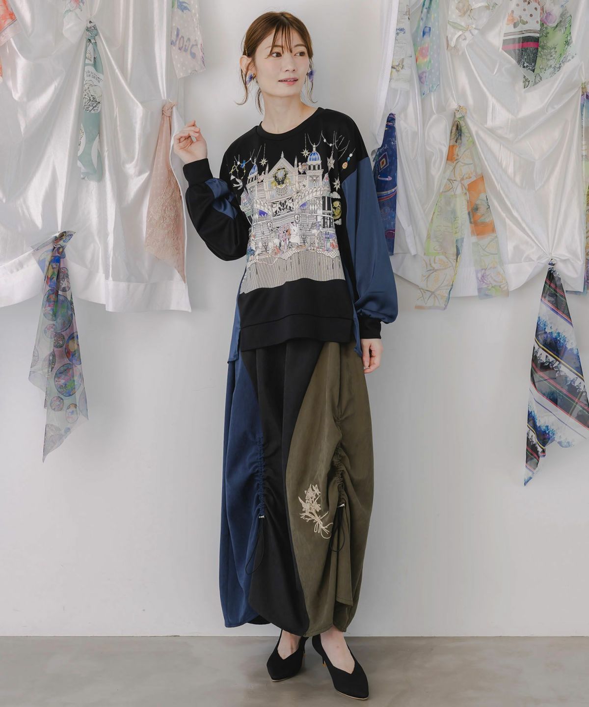 花刺繍バイカラー切替 ドロストスカート-2