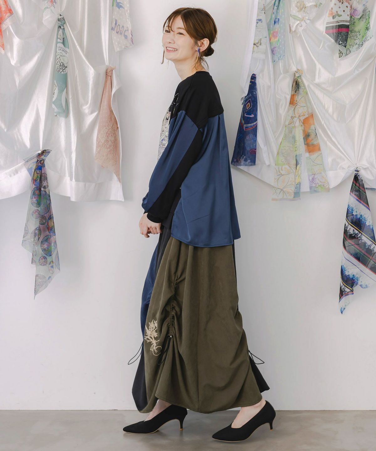 花刺繍バイカラー切替 ドロストスカート-4