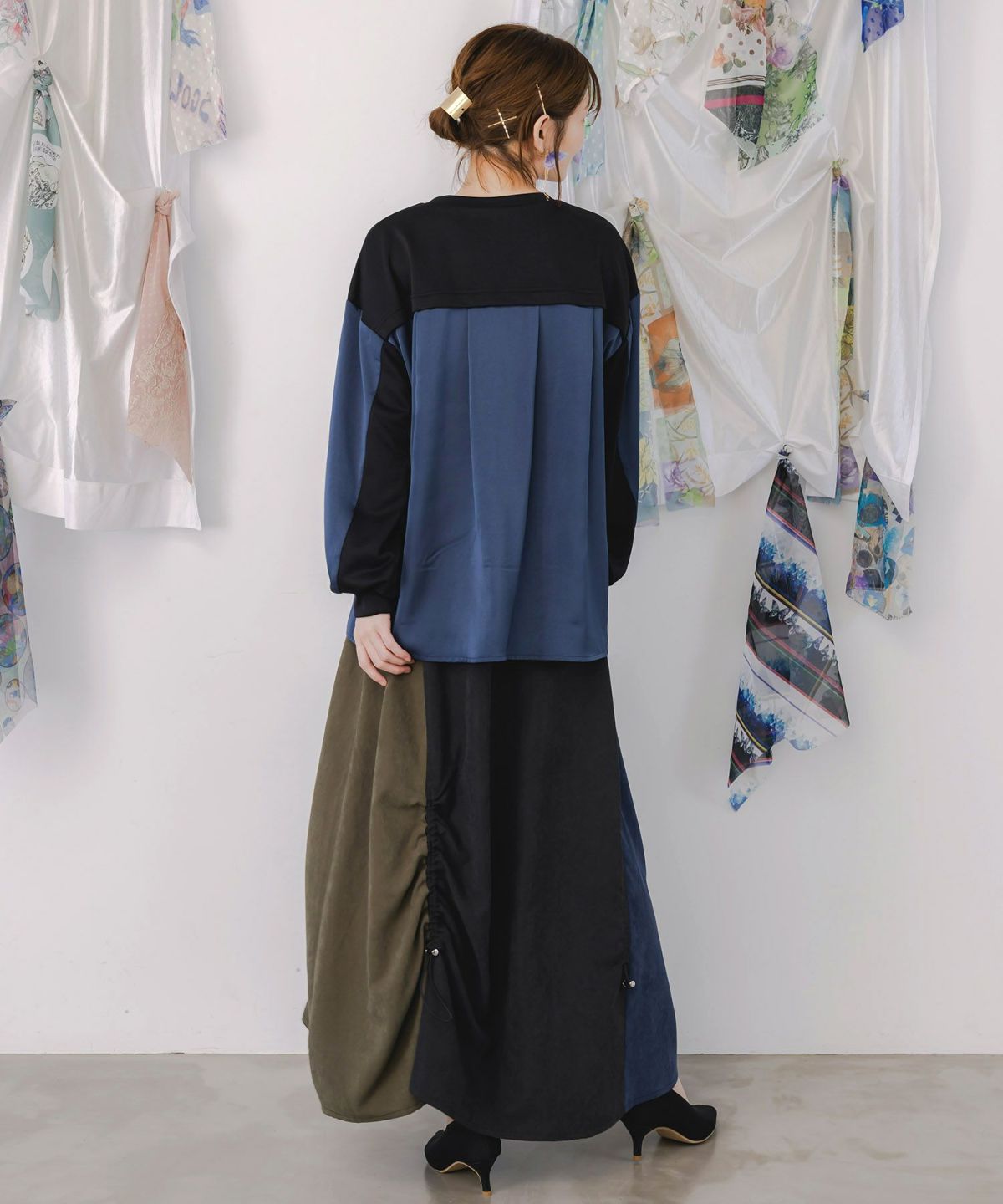 花刺繍バイカラー切替 ドロストスカート-5