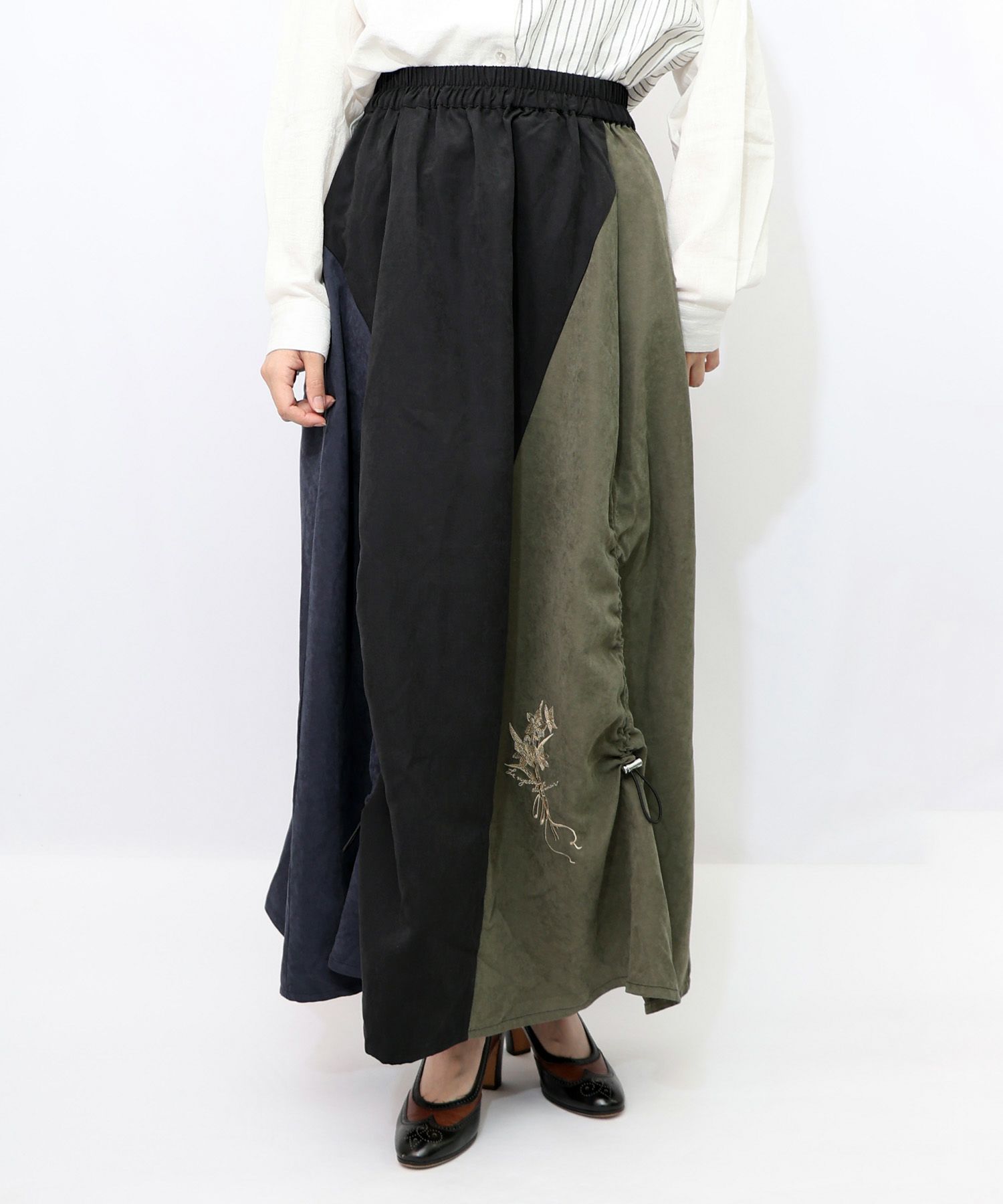 花刺繍バイカラー切替 ドロストスカート-8