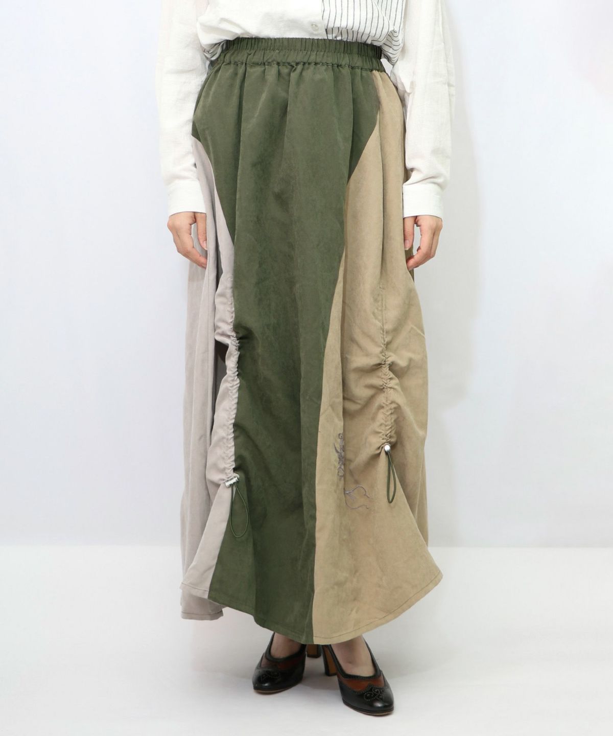 花刺繍バイカラー切替 ドロストスカート-12