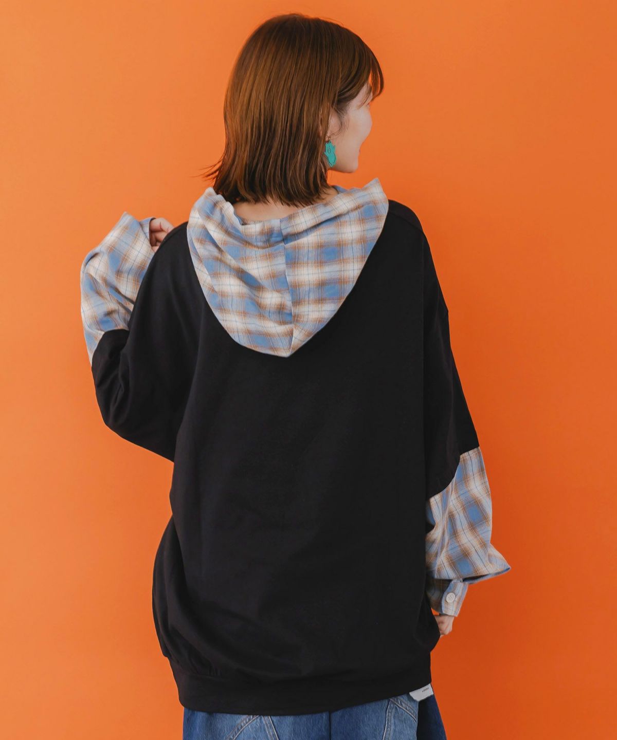 ネコとラビルのチェック柄切替フーデッドプルオーバー-5