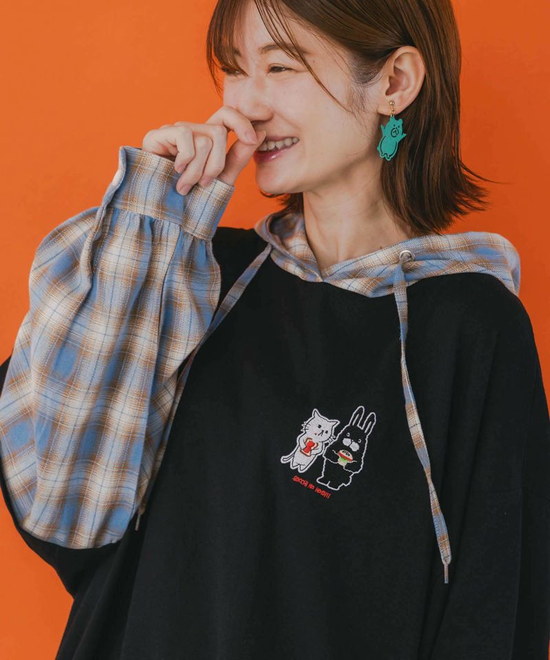 ネコとラビルのチェック柄切替フーデッドプルオーバー-7