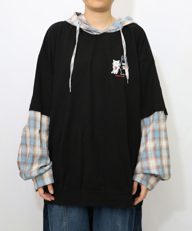 ネコとラビルのチェック柄切替フーデッドプルオーバー-8