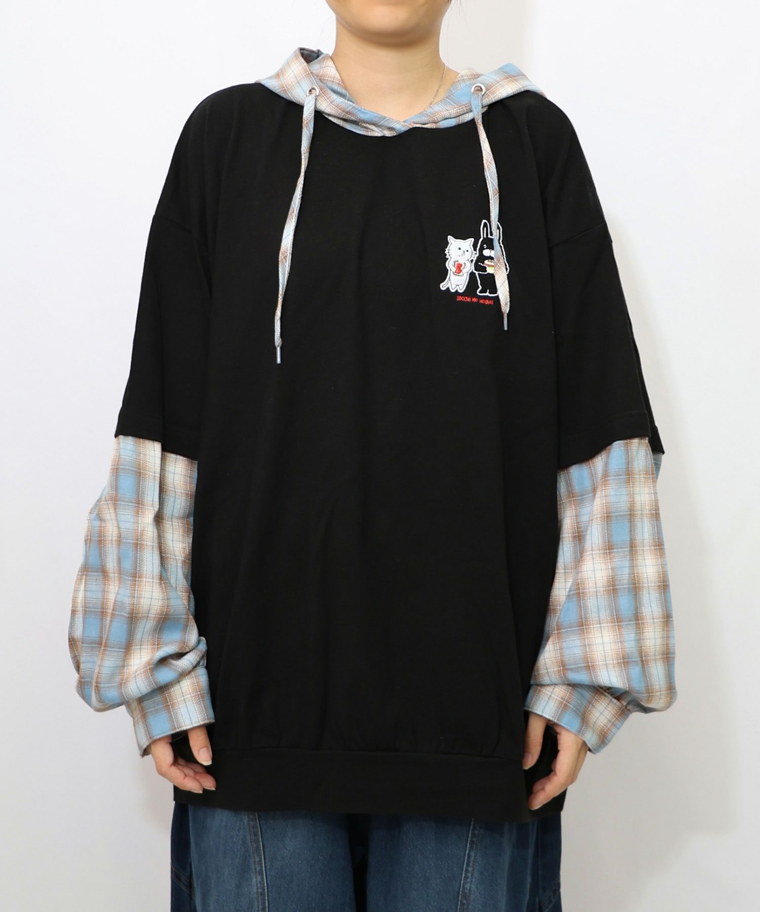 ネコとラビルのチェック柄切替フーデッドプルオーバー-8