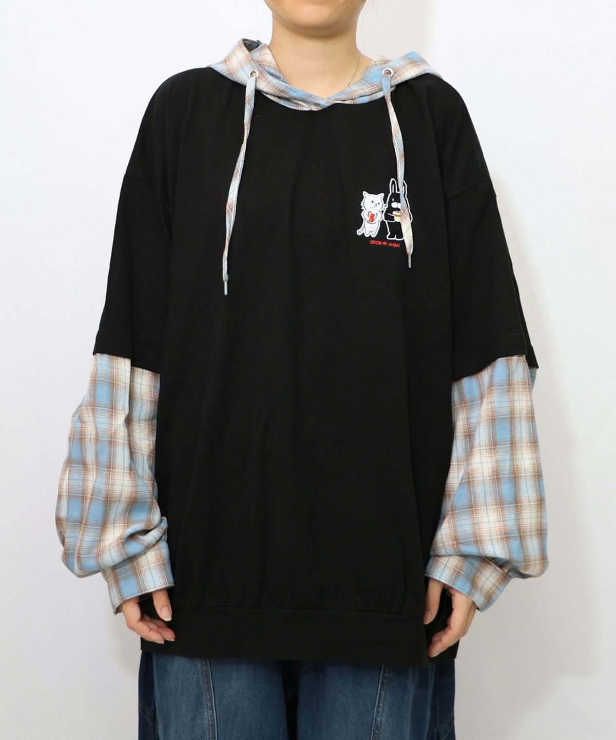 ネコとラビルのチェック柄切替フーデッドプルオーバー-8
