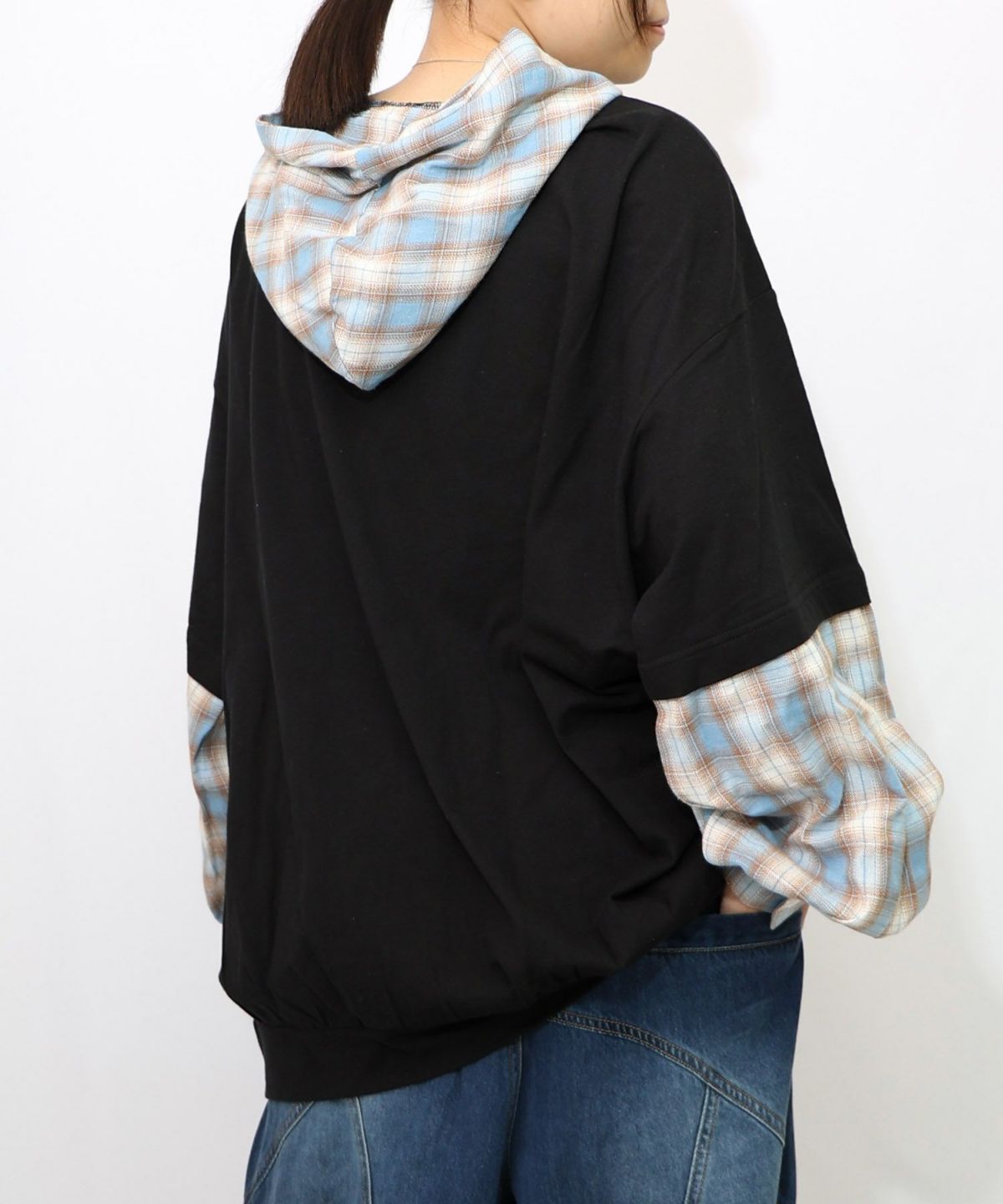 ネコとラビルのチェック柄切替フーデッドプルオーバー-10