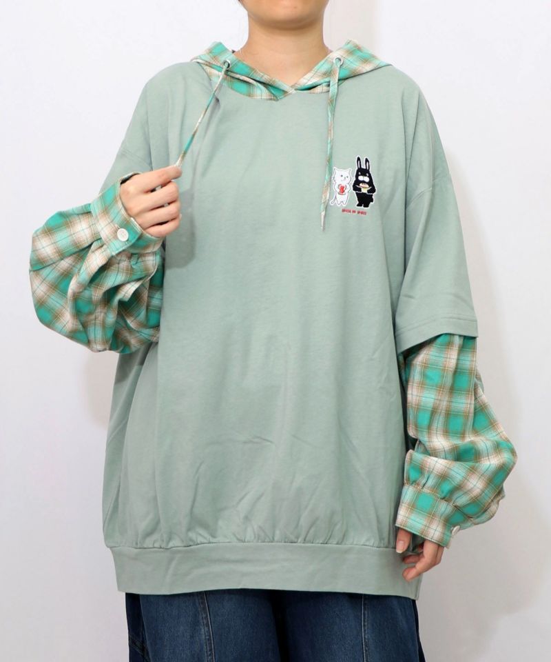 ネコとラビルのチェック柄切替フーデッドプルオーバー-12