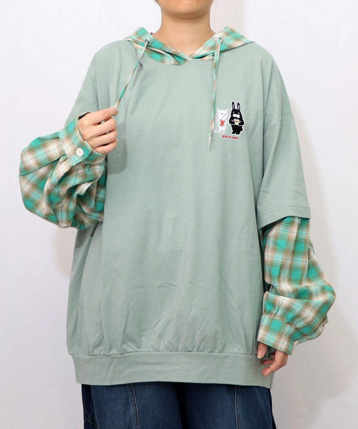 ネコとラビルのチェック柄切替フーデッドプルオーバー-12