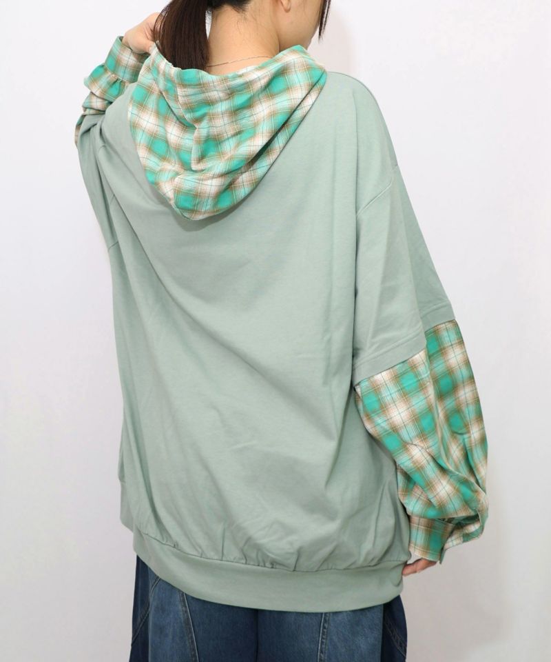 ネコとラビルのチェック柄切替フーデッドプルオーバー-14